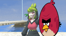 a girl with green hair stands next to an angry bird