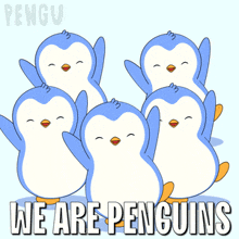 a group of penguins are standing together with the words we are penguins written below them