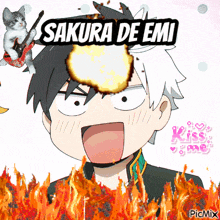 a cartoon of a boy with a cat playing a guitar and the words sakura de emi