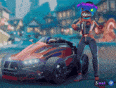 a cartoon character standing next to a car that says 3 look