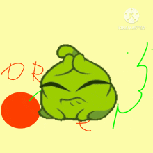 a cartoon of a frog with its mouth open and a cherry in the background