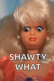 a close up of a barbie doll with the words shawty what written on it