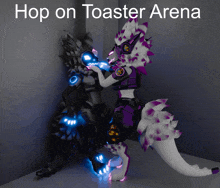 a drawing of a fox and a dragon with the words hop on toaster arena