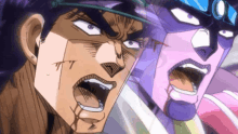 a close up of a cartoon character with a purple head