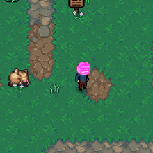 a pixel art drawing of a person with a pink hat