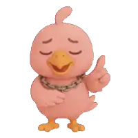 a pink cartoon bird wearing a chain around its neck giving a thumbs up