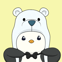 a penguin wearing a polar bear hat and a black bow tie