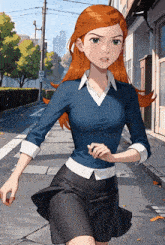 a girl with red hair is walking down a street with a no parking sign in the background