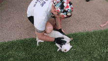 a man wearing a floral hat is petting a small white dog .