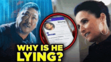 a man and a woman are standing next to each other with the words " why is he lying " on the bottom