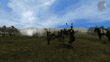 a video game shows soldiers firing a cannon in a field with horses in the background