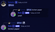 a screenshot of a conversation between soletic @bob and bob @ app