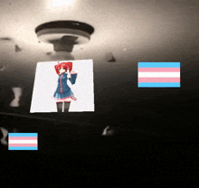 a picture of a girl with red hair and a transgender flag behind her
