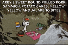 a cartoon of snoopy and woodstock having a picnic in the woods .