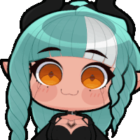 a cartoon girl with blue hair and orange eyes
