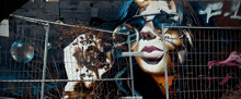 a painting of a woman wearing sunglasses behind a fence