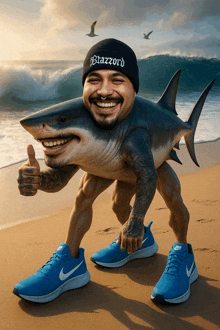 a man wearing a beanie that says blazzard holds a shark on his back
