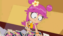 a cartoon girl with pink hair and a yellow flower in her hair is playing a game of cards .