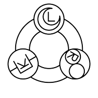 a black and white drawing of a circle with three circles and a letter k in the middle