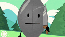 a cartoon character is holding a knife and making a face