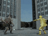 a man in a yellow costume is standing in front of a building with the word tv written on it