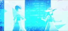 a couple of anime characters standing in front of a blue screen