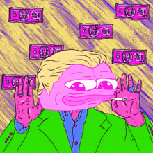 a cartoon of a man with a pink face surrounded by pink 100 dollar bills