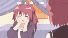 a girl with red hair is smiling with the words " quatroph-sama " written above her