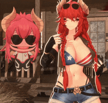 a cartoon character with red hair and horns is standing next to a stuffed animal with horns