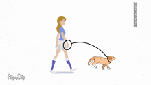 a cartoon of a woman walking a dog on a leash with flipa clip written below it