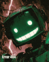 a green robot with a smiling face and error 404 on the bottom right