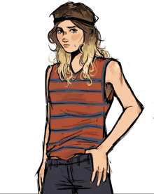 a drawing of a woman wearing a striped shirt