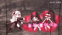 a cartoon of three girls standing next to each other with flowers in their hair .