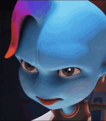 a close up of a blue cartoon character with a basketball jersey on