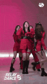 a group of girls are performing a dance with the words relay dance on the bottom