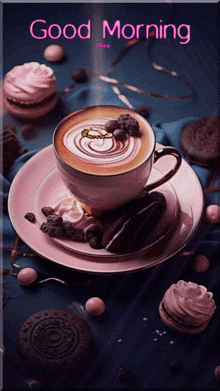 a cup of coffee on a saucer with the words good morning on the bottom