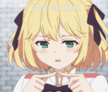 a picture of a girl with the words hop on dmc on the bottom