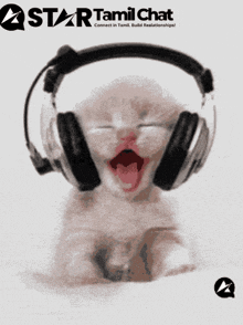 a picture of a kitten wearing headphones that says star tamil chat on the bottom