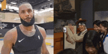 a man with a beard wearing a nike tank top stands next to a group of people