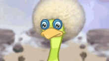 a purple bird and a green ostrich are standing next to each other in a cartoon .