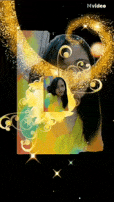 a woman 's face is surrounded by colorful swirls and the word mvideo is on the bottom right