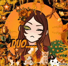 a picture of a girl surrounded by flowers and the word duo