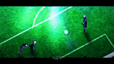 a soccer game is being played on a green field with a white line in the middle