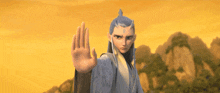 a cartoon character with blue hair and horns is making a stop sign with his hand