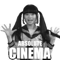 a girl with pigtails singing into a microphone with the words absolute cinema behind her