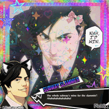 a picture of a man with cat ears and a speech bubble that says subway slammer