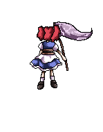 a pixel art of a girl in a blue dress holding a flag