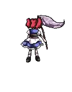 a pixel art of a girl in a blue dress holding a flag