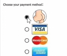 a choose your payment method screen with visa mastercard and american express icons