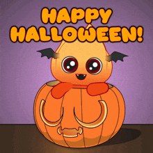 a pumpkin with a bat on it and the words happy halloween
